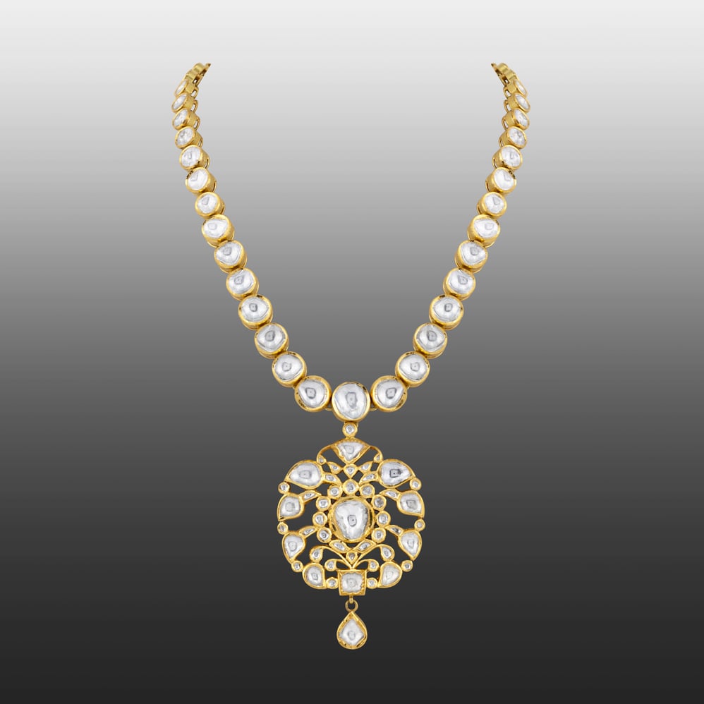 Polki Necklace with Intricate Floral Pendant